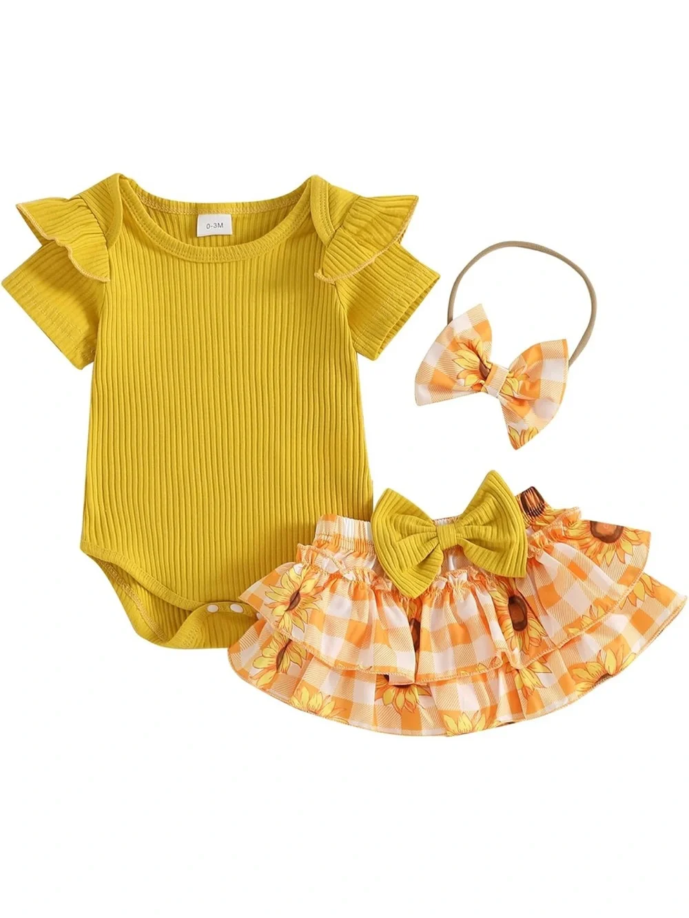 Short Sleeve Ribbed Romper Ruffle Layered Bloomers Shorts Headbands-Size 9-12 mo